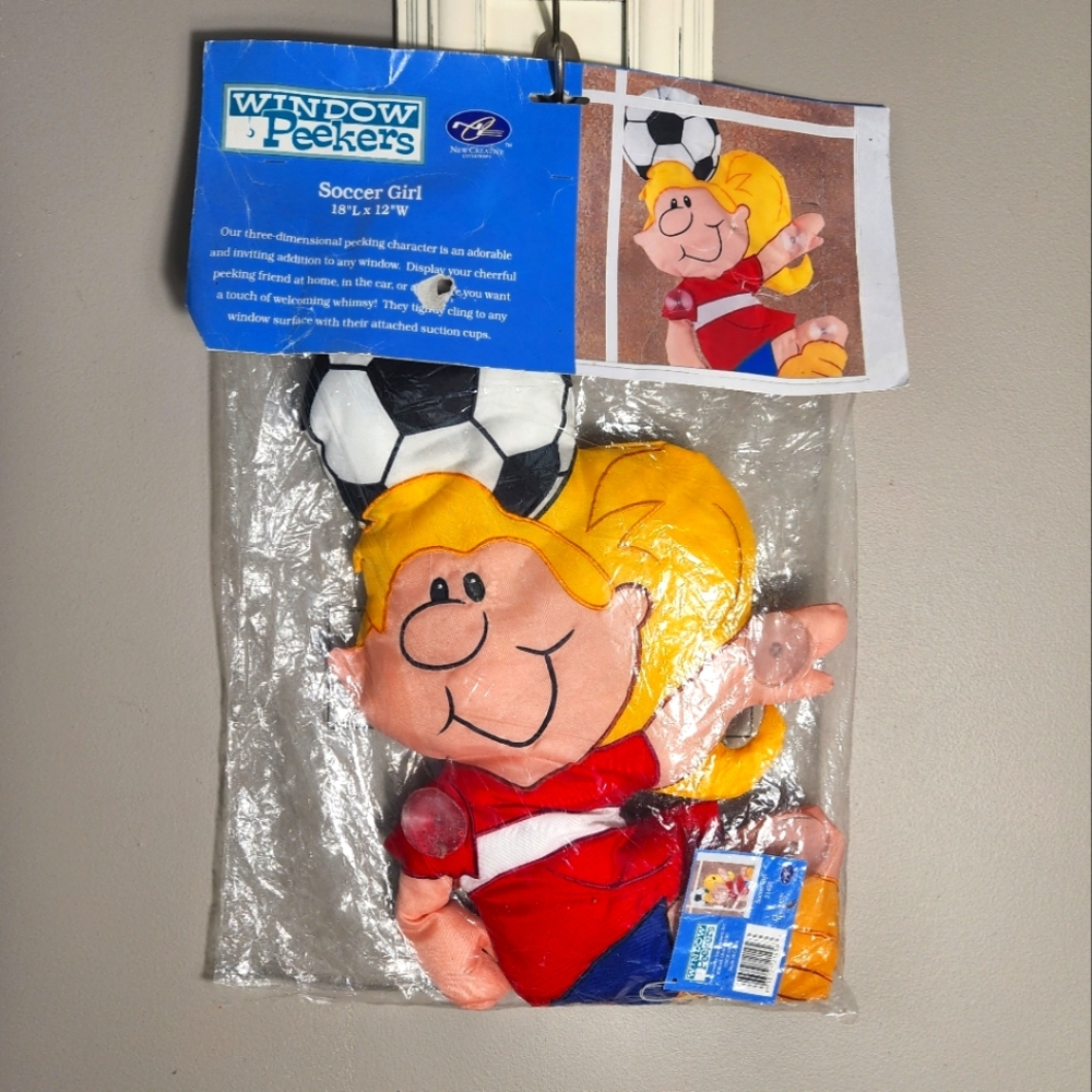 Vintage Soccer Girl 3D Window Flag Window Peekers Suction Cups 2002